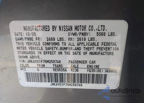 2006 Infiniti M35X from USA, damaged, VIN JNKAY01F76M259746
